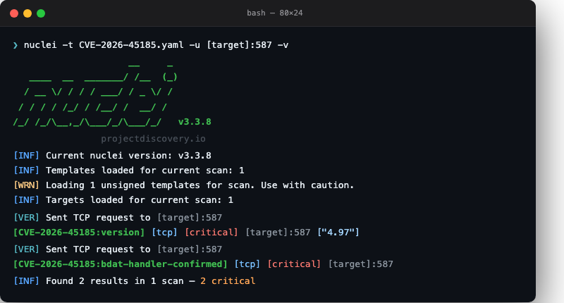 Nuclei output showing CVE-2026-45185 firing: version extractor returns 4.97, bdat-handler-confirmed matcher fires, 2 critical findings